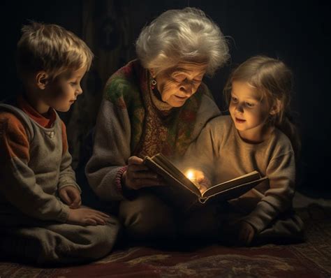 Foto de una abuela contándole historias a sus nietos