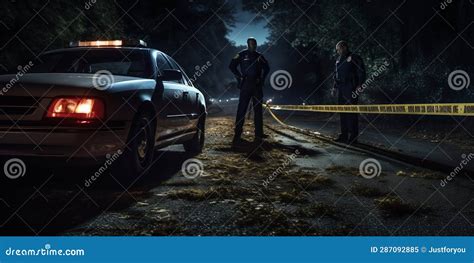 Vehículo de policía en escena de crimen nocturno