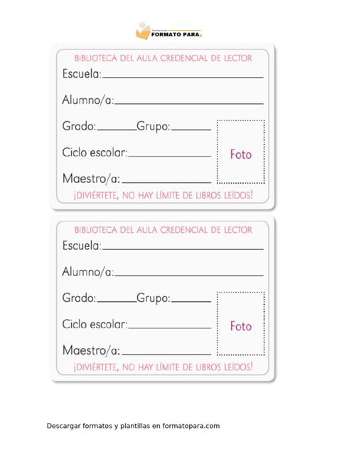Ejemplo de credencial escolar editable con campos para nombre, grado y foto.