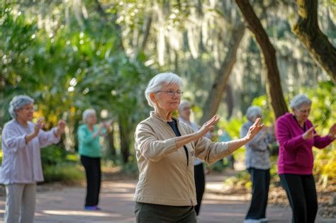 Fotografía de personas mayores participando en una actividad grupal al aire libre (ejercicio, baile o senderismo)