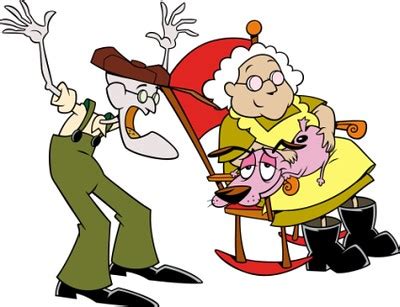 Ilustración de Coraje, el perro cobarde, con Muriel y Justo Bolsa.