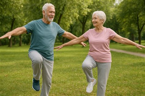 Ilustración de un adulto mayor realizando ejercicios de equilibrio asistido