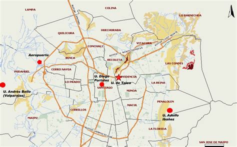 Mapa de Santiago de Chile señalando la ubicación de los conjuntos Vicente Huidobro y Villa San Francisco de Asís