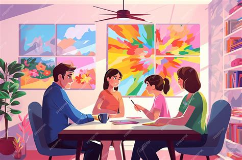 Ilustración de una familia discutiendo la contratación de un cuidador para sus padres