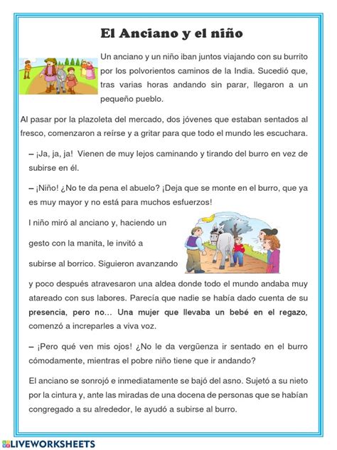 Infografía mostrando las diferentes situaciones del anciano, el niño y el burro y las reacciones de la gente