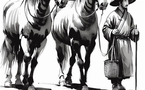 Ilustración de un campesino con su hijo observando una gran manada de caballos