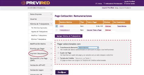 Captura de pantalla de la interfaz de Previred para el pago de cotizaciones