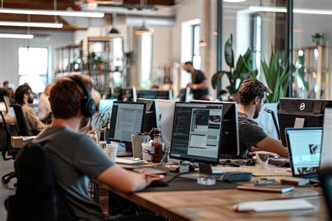 Oficina moderna con personas trabajando en computadoras
