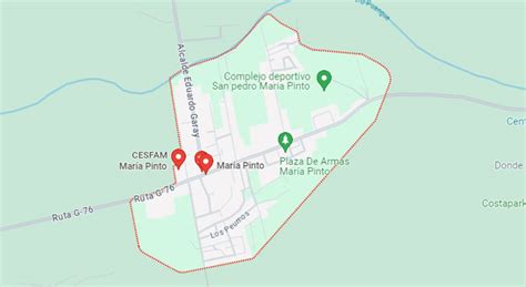 Mapa de la comuna de María Pinto, Región Metropolitana de Santiago, mostrando su red vial y centro urbano