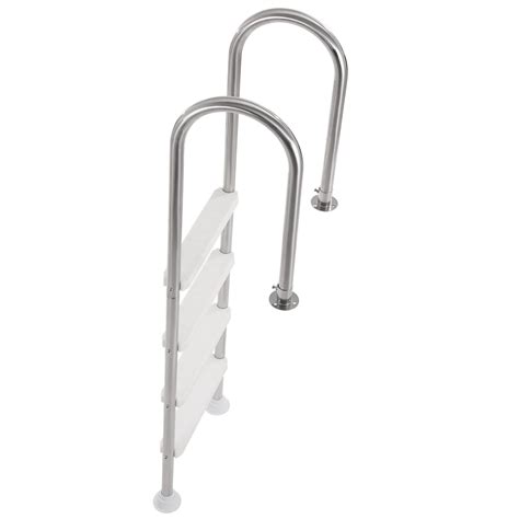 Esquema de una escalera de piscina con peldaños antideslizantes y pasamanos