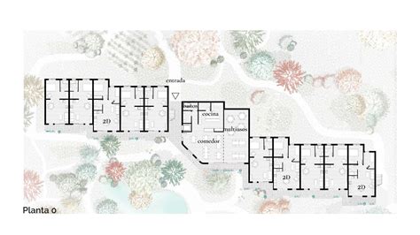 Diagrama de una comunidad cohousing con áreas comunes (salón, comedor, lavandería) y viviendas privadas