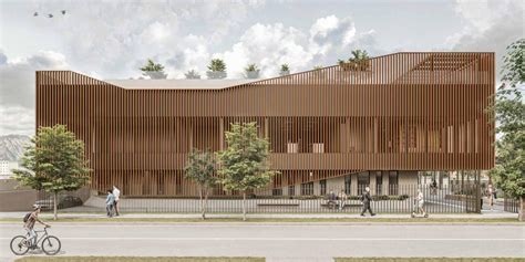 Render exterior de la Casa del Adulto Mayor de Pedro Aguirre Cerda, mostrando su integración con la plaza