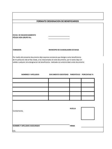 Formulario de Declaración de Beneficiarios para trámites de jubilación