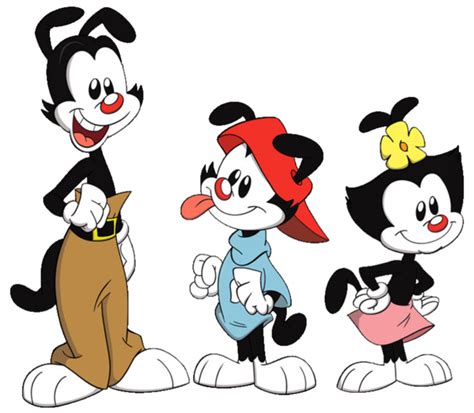 Ilustración de los hermanos Warner (Yakko, Wakko y Dot) junto a otros personajes de Animaniacs.