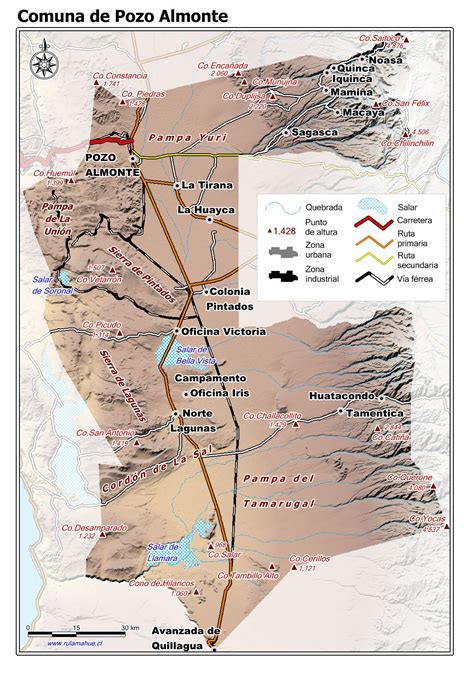 Mapa de ubicación destacando Pozo Almonte, La Tirana y puntos de interés en el desierto de Atacama