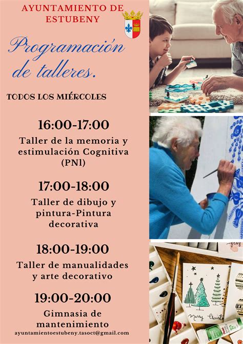 infografía con ejemplos de talleres para adultos mayores (ej. manualidades, musicoterapia, estimulación cognitiva)
