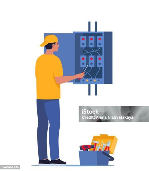 Ilustración de una persona mayor revisando un enchufe, con un electricista realizando mantenimiento en el fondo