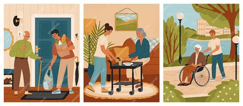 ilustracion de robots asistiendo a personas mayores en un hogar