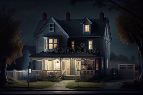 Ilustración de una casa de dos pisos con luces encendidas, representando el domicilio asaltado.