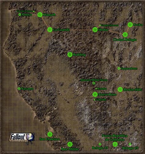 Mapa de las primeras tres localidades de Fallout 2 (Arroyo, Klamath, La Guarida) con una ruta inicial marcada
