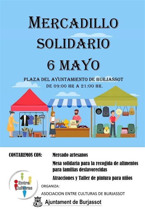 Ilustración de niños organizando un mercadillo solidario con puestos de comida y artesanía