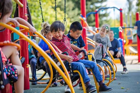 Niños de diversas habilidades jugando juntos en un parque