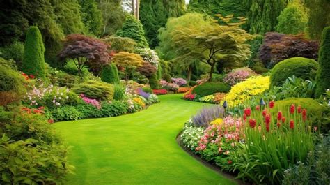 Foto de un jardín florido de una residencia con bancos y caminos