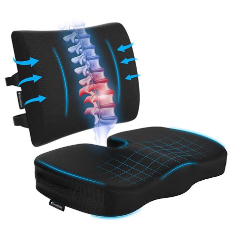 Infografía comparativa de diferentes tipos de cojines lumbares (viscoelástica, inflable, gel)