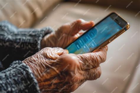 Foto de una persona mayor usando un smartphone con precaución
