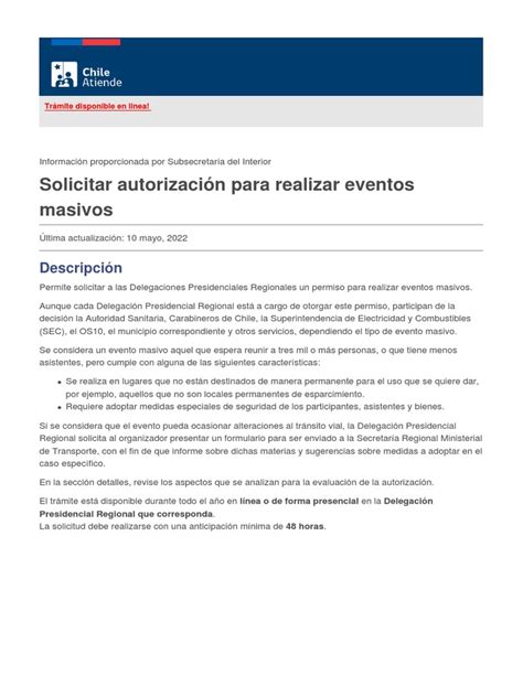 Formulario de solicitud de autorización de eventos masivos en Arica