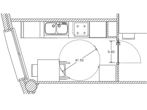 Esquema de cocina adaptada con dimensiones clave e indicaciones de movilidad