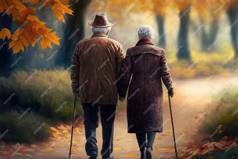 Ilustración de una pareja de ancianos sonriendo y tomados de la mano en un parque.