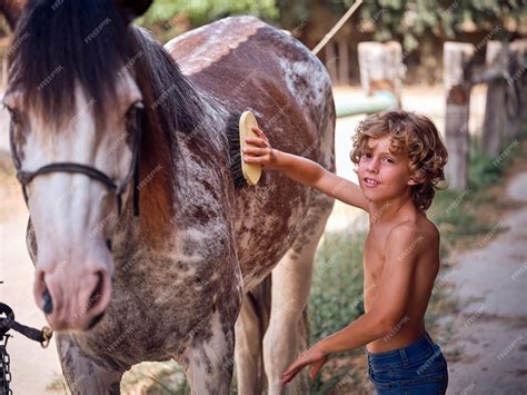 Petisero cepillando un caballo en la caballeriza