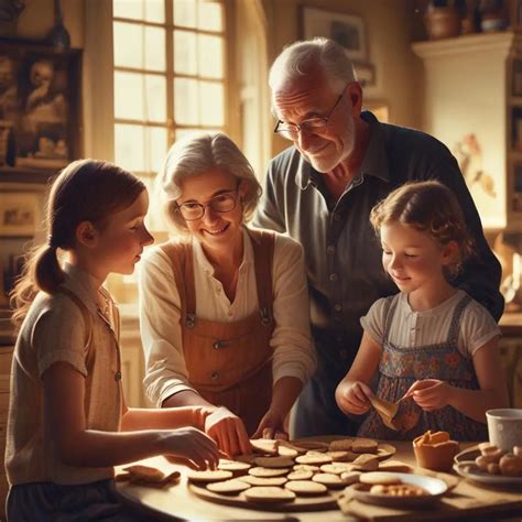 Foto de abuelos y nietos cocinando juntos o jugando un juego de mesa