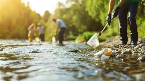 Voluntarios recogiendo basura en la orilla de un río