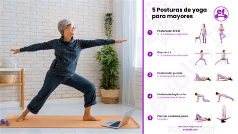 Diagrama de posturas de yoga adaptadas para adultos mayores, mostrando el uso de sillas y bloques para apoyo.