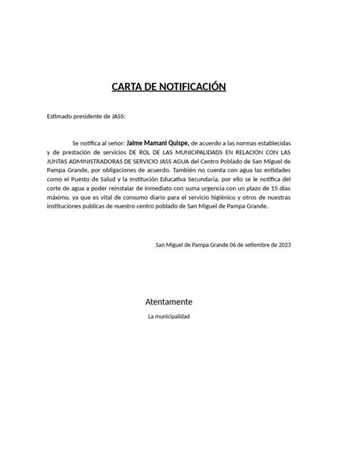Ejemplo de carta de notificación de suspensión de PGU por requisitos de residencia