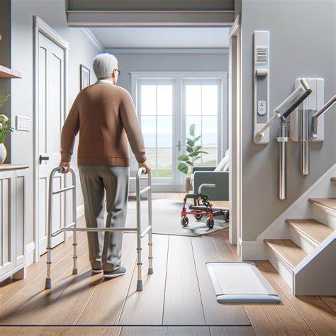 fotografía de un entorno doméstico seguro para adultos mayores, con pasamanos y buena iluminación