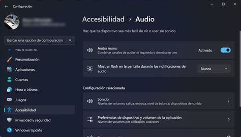 Captura de pantalla de la configuración de audio mono en Windows 10 (Accesibilidad > Audio)