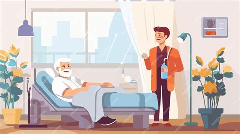 Ilustración de un paciente anciano en un hospital con familiares ausentes