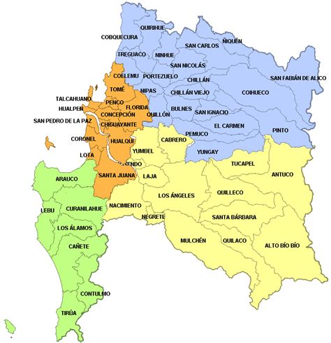 Mapa de la Región del Biobío destacando Concepción y San Pedro de la Paz, junto con otros destinos cercanos.