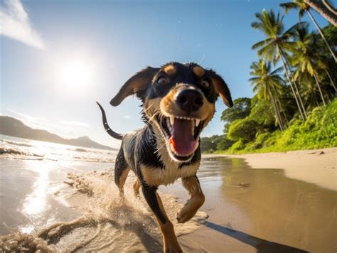 perro jugando en la orilla de una playa