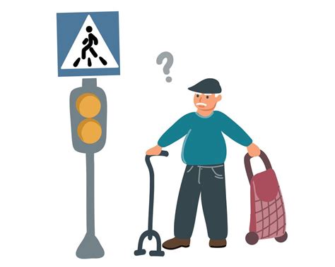 Adulto mayor cruzando la calle en un paso de peatones con semáforo, mostrando precaución