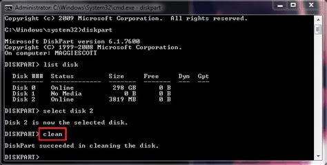 Ejemplo de comandos Diskpart para limpiar y formatear una unidad USB