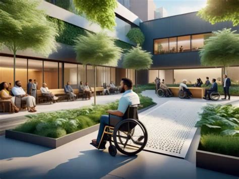 Esquema de un diseño arquitectónico inclusivo y accesible para una residencia de adultos mayores.