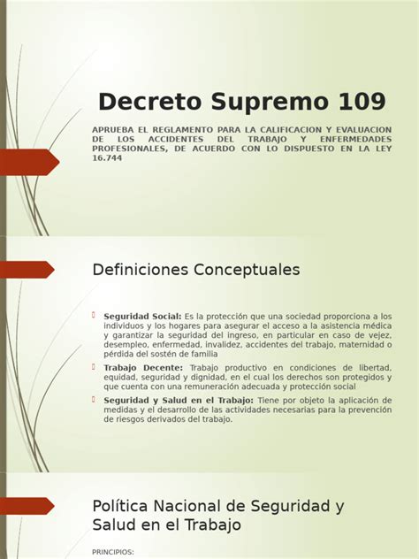 Tabla de porcentajes de incapacidad según Decreto Supremo 109