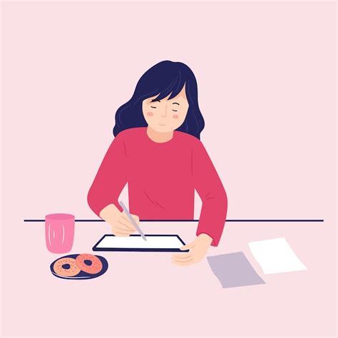 Ilustración de una joven dibujando con esmero, rodeada de bocetos.