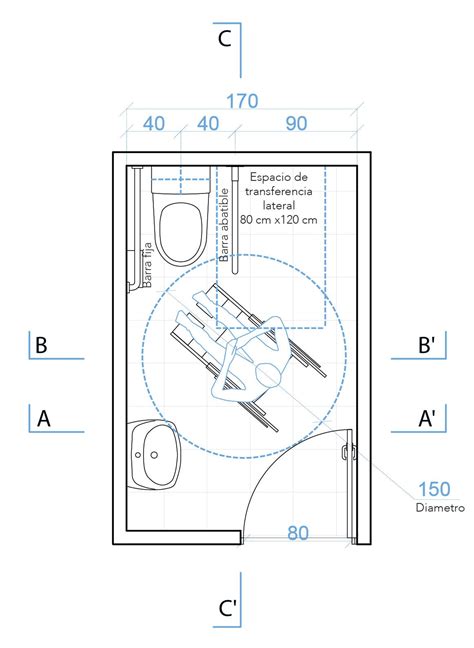 Diseño de plano de baño accesible con dimensiones para silla de ruedas