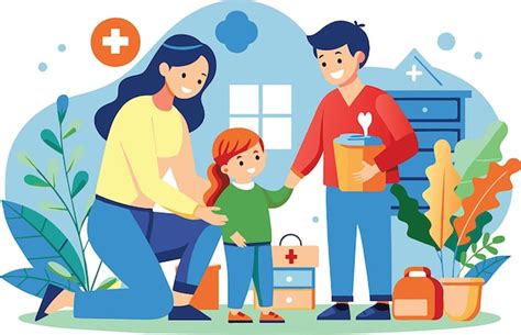 Ilustración de una familia interactuando con un cuidador profesional en un hogar