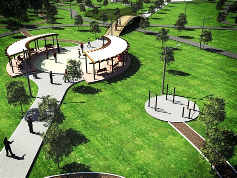 Diseño de parque accesible con bancas y senderos seguros para adultos mayores